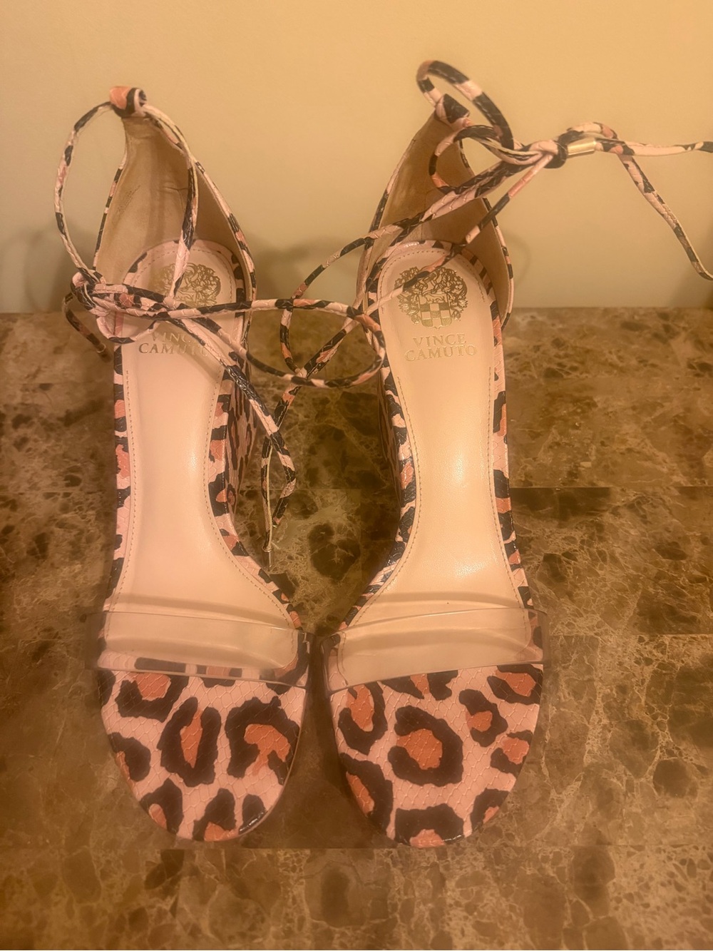 Vince Camuto Tan and Black Leopard Ankle-Tie up platform Heels